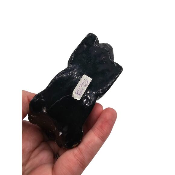 Vintage 1990s Thai Lacquered Mango Wood Hand Painted Cat Stretching Black Floral - Picture 5 of 6